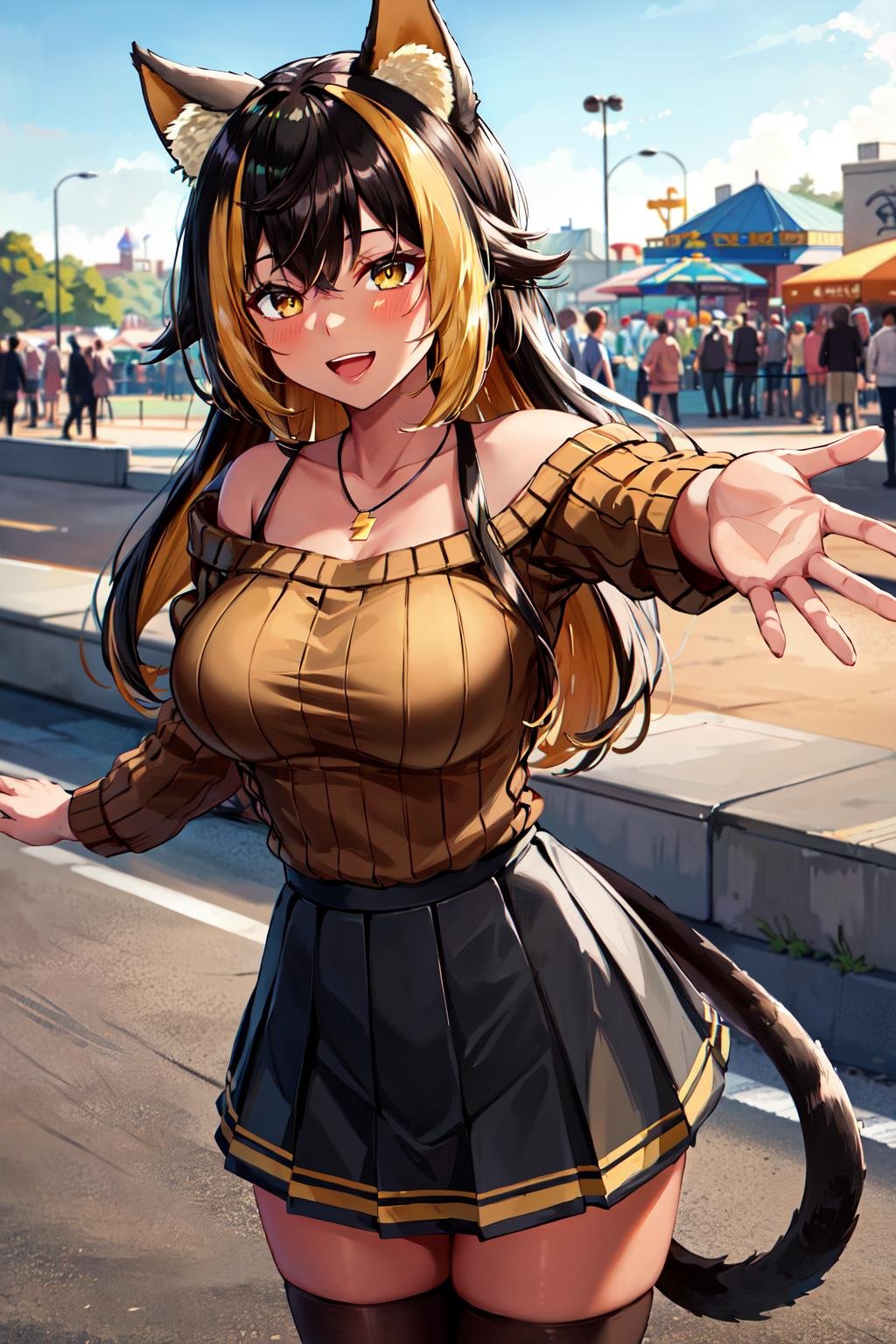 masterpiece, best quality, highres, hmnc1, animal ears, tail, dark skin, multicolored hair, black thighhighs, off-shoulder sweater, pleated skirt, black skirt, jewelry, necklace, ribbed sweater, collarbone, <lora:nekoyo_chloe_v1:0.7>, standing, outdoors, amusement park, smile, open mouth, outstretched arm