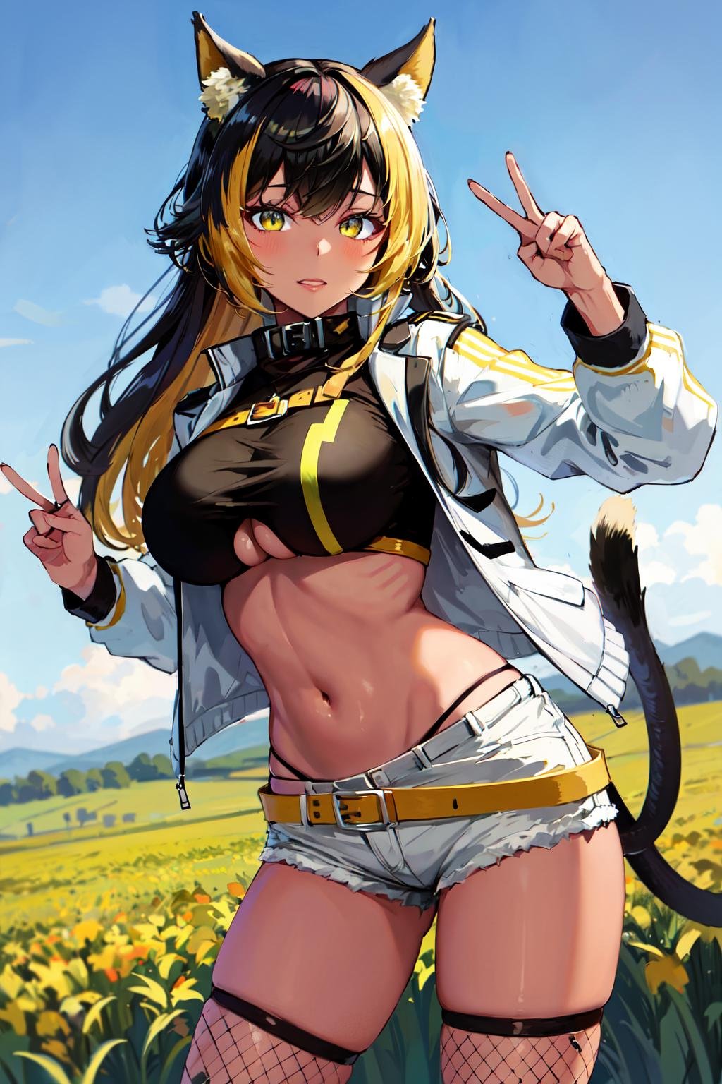 masterpiece, best quality, highres, hmnc1, animal ears, tail, dark skin, multicolored hair, open jacket, white jacket, fishnets, belt, asymmetrical legwear, short shorts, midriff, white shorts, highleg panties, underboob, clothing cutout, <lora:nekoyo_chloe_v1:0.7>, cowboy shot, standing, outdoors, peace sign, field