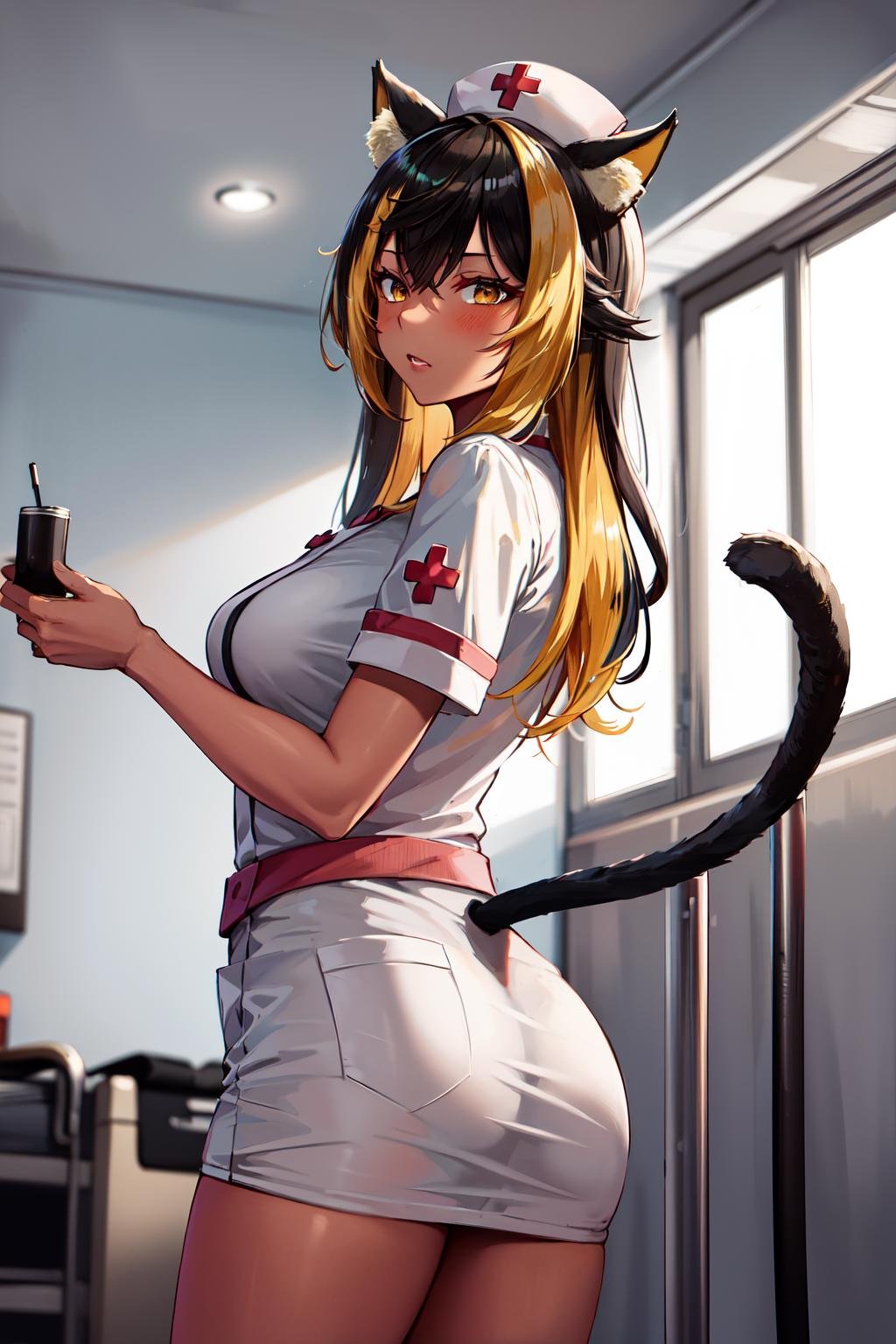 masterpiece, best quality, highres, hmnc1, animal ears, tail, dark skin, multicolored hair, nurse cap, nurse, <lora:nekoyo_chloe_v1:0.7>, standing, cowboy shot, hospital