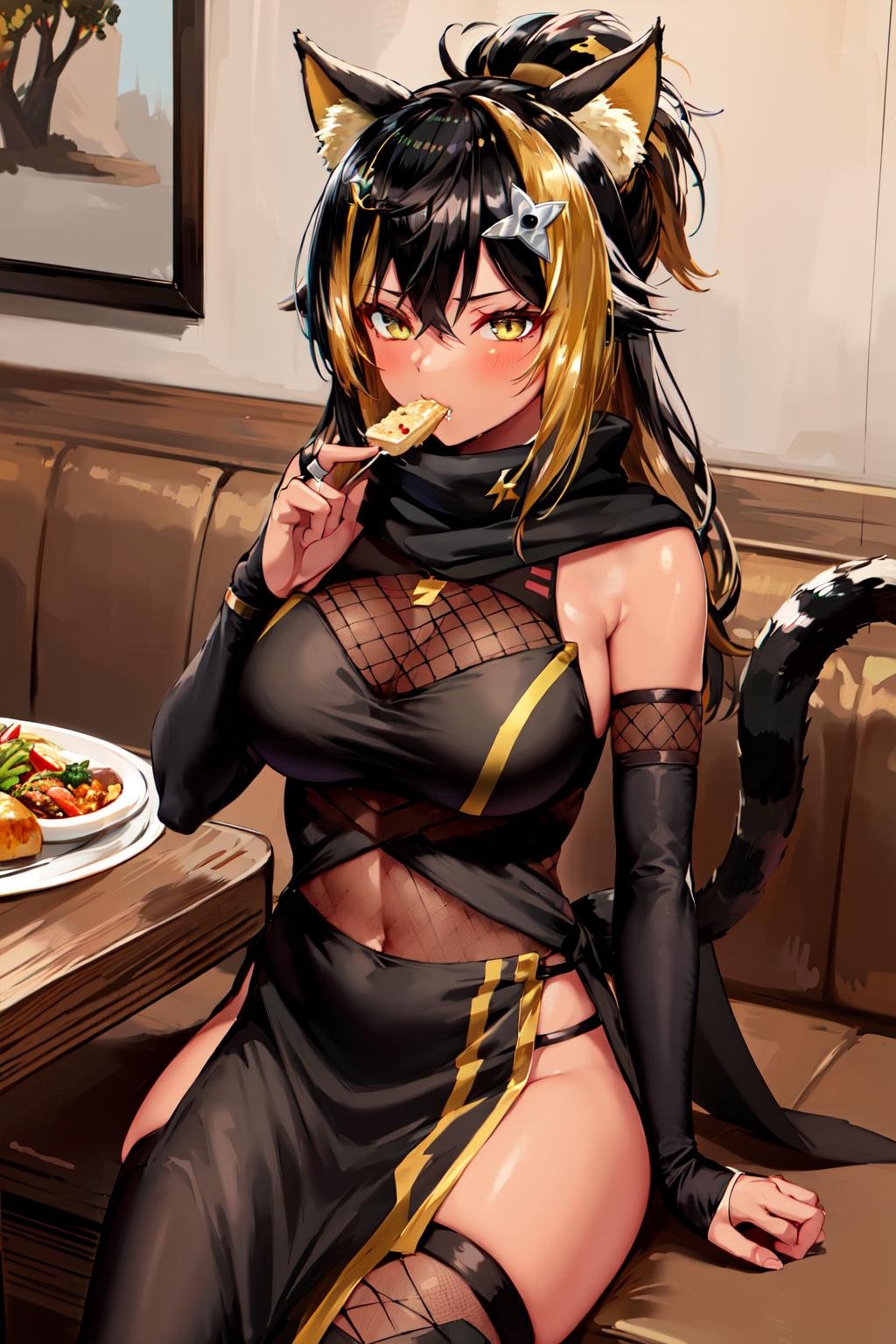 masterpiece, best quality, highres, hmnc1, animal ears, tail, dark skin, multicolored hair, hair ornament, fishnets, bridal gauntlets,  black scarf, ponytail, black thighhighs, elbow gloves, pelvic curtain, sash, <lora:nekoyo_chloe_v1:0.7>, cowboy shot, food, eating, restaurant, table, sitting