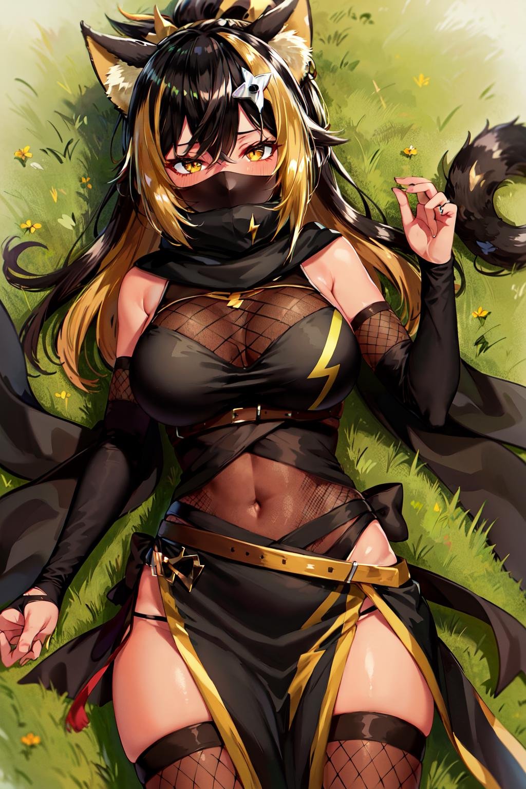 masterpiece, best quality, highres, hmnc1, animal ears, tail, dark skin, multicolored hair, hair ornament, fishnets, bridal gauntlets, mouth_mask, black scarf, ponytail, black thighhighs, elbow gloves, pelvic curtain, sash, <lora:nekoyo_chloe_v1:0.7>, field, grass, lying, spread arms, 