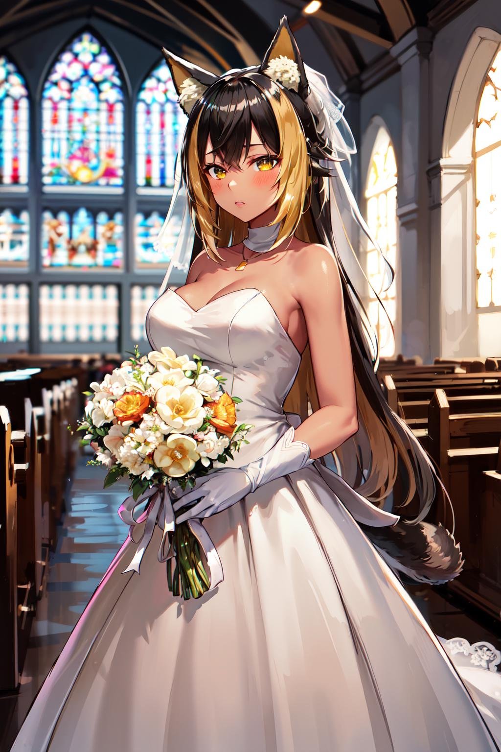 masterpiece, best quality, highres, hmnc1, animal ears, tail, dark skin, multicolored hair, wedding dress, bridal veil, white gloves, <lora:nekoyo_chloe_v1:0.7>, standing, cowboy shot, church, cowboy shot, bouquet