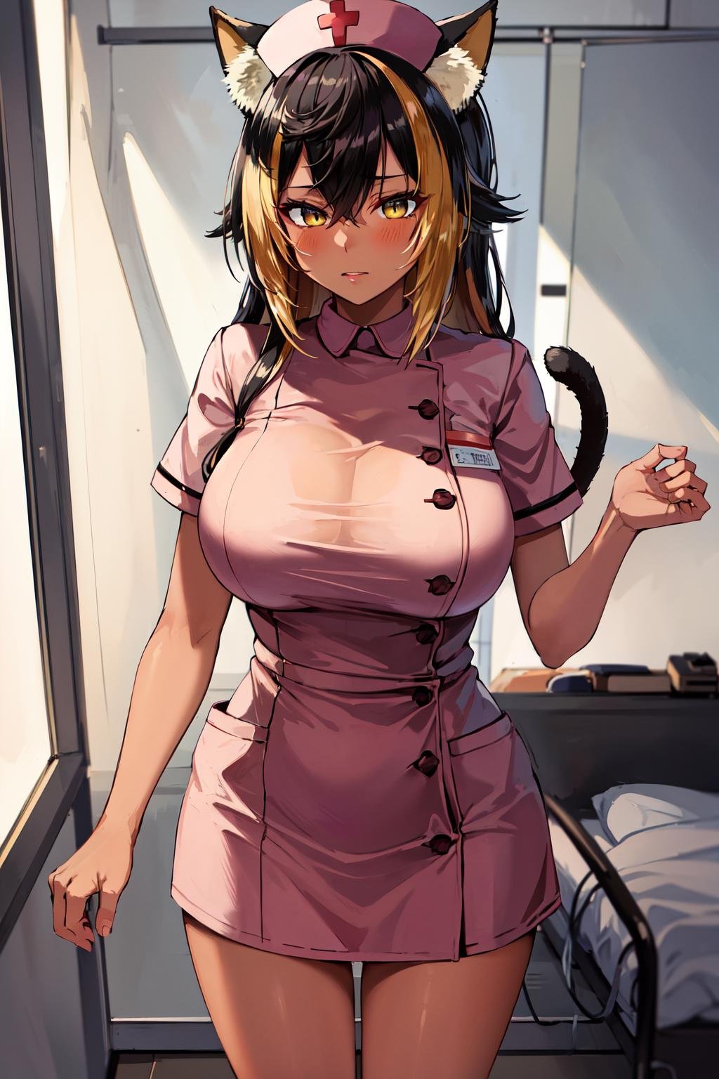 masterpiece, best quality, highres, hmnc1, animal ears, tail, dark skin, multicolored hair, nurse cap, nurse, <lora:nekoyo_chloe_v1:0.7>, standing, cowboy shot, hospital