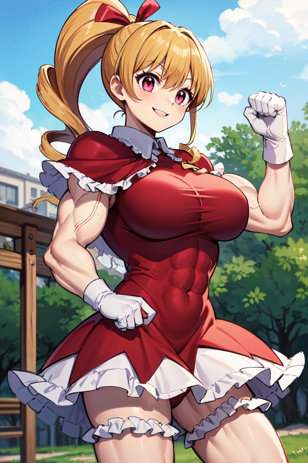 masterpiece, best quality, highres, hmbk1, 1girl, ponytail, drill hair, pink eyes, (muscular:1.1), muscular female, large breasts, red dress, frills, red capelet, ribbon, white bloomers, <lora:biscuit_krueger_v1:0.7>, smile, clenched hands, outdoors