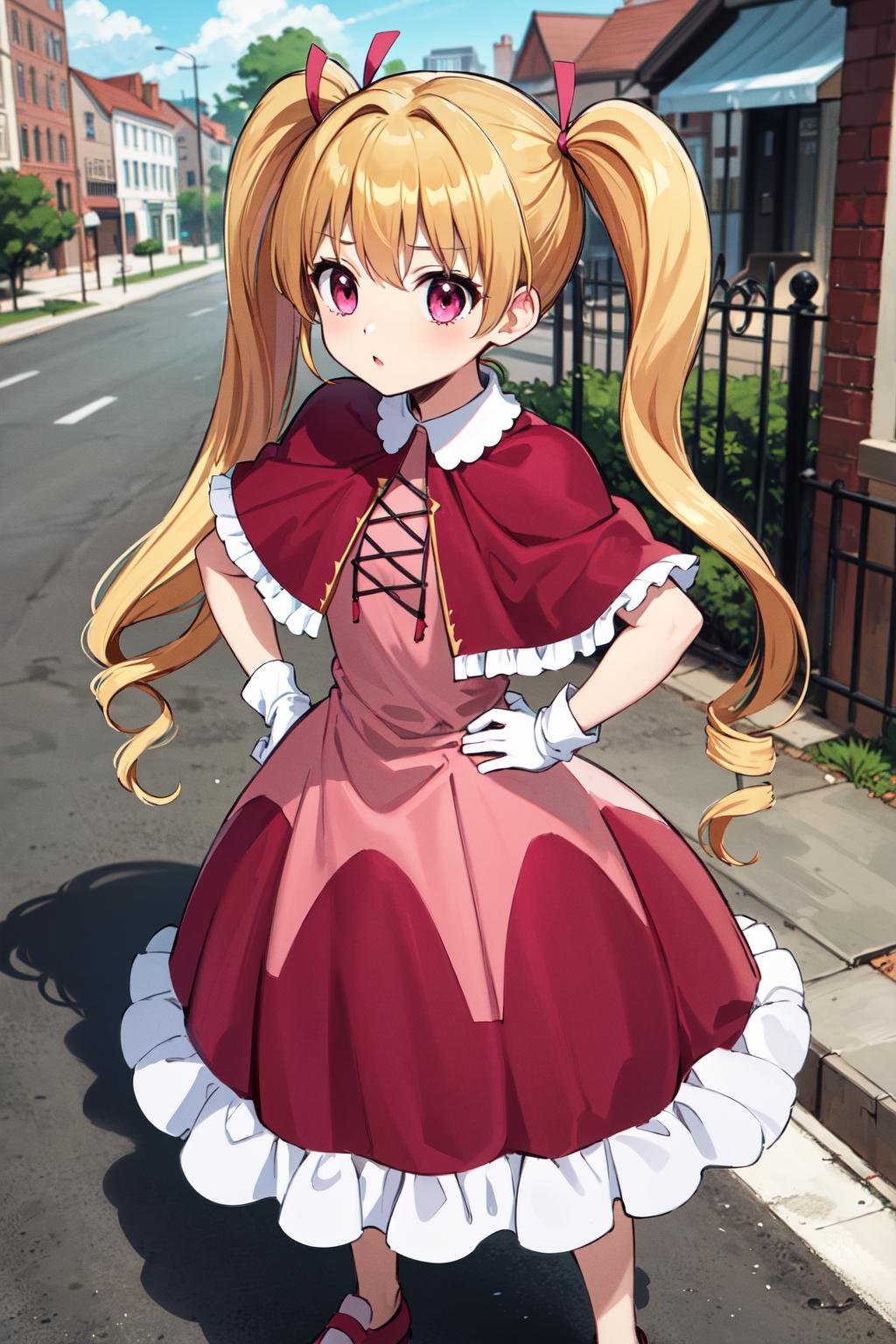 masterpiece, best quality, highres, hmbk1, 1girl, twintails, drill hair, long hair, pink eyes, red capelet, ribbon, white gloves, pink dress, frills, <lora:biscuit_krueger_v1:0.7>, outdoors, town, hand on hip, standing, 