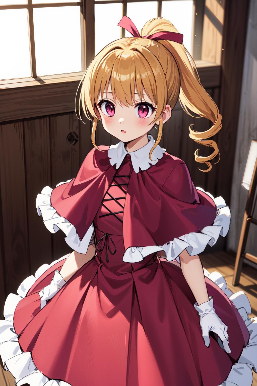 masterpiece, best quality, highres, hmbk1, 1girl, ponytail, drill hair, pink eyes, red capelet, ribbon, white gloves, pink dress, frills, <lora:biscuit_krueger_v1:0.7>, indoors, standing, cowboy shot