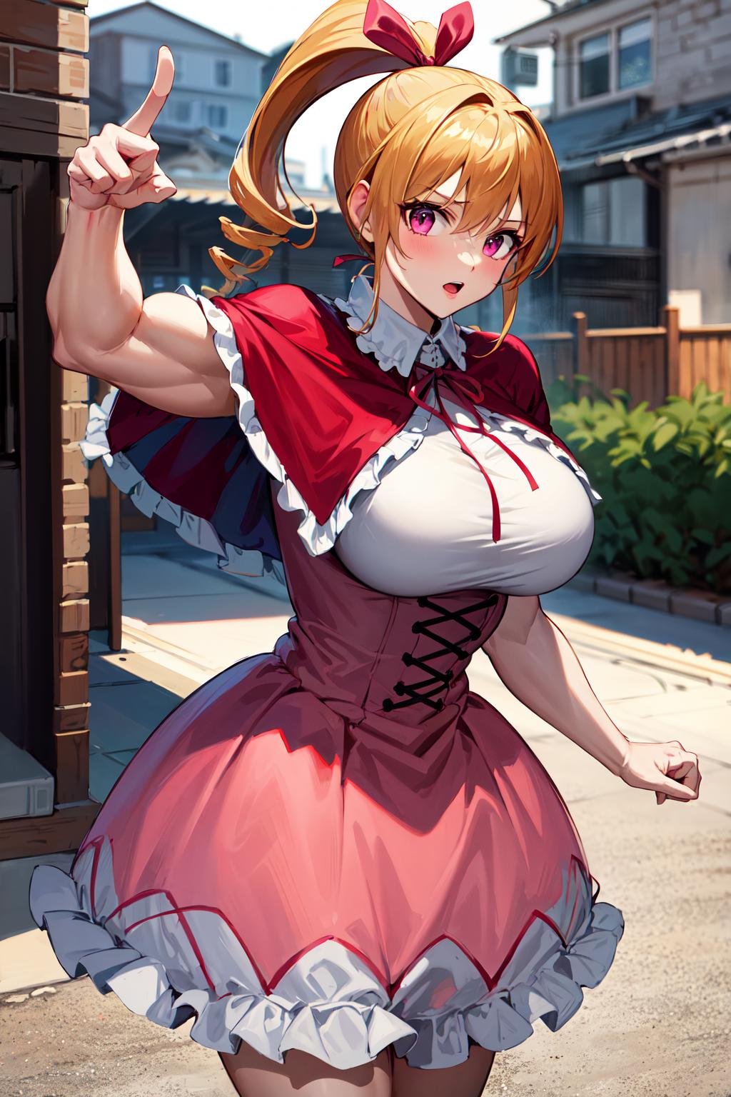 masterpiece, best quality, highres, hmbk1, 1girl, ponytail, drill hair, pink eyes, (muscular:1.1), muscular female, large breasts, pink dress, frills, red capelet, ribbon, white bloomers, <lora:biscuit_krueger_v1:0.7>, standing, pointing at viewer, steeet, cowboy shot,