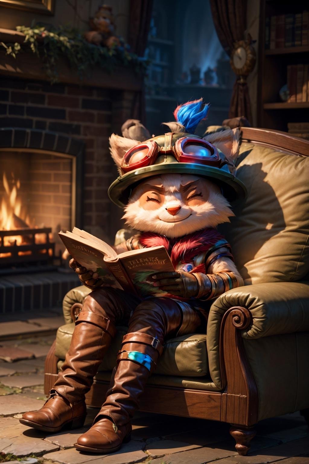 sitting in a couch, fireplace, chimney, reading a book, teemo, ^ ^, fur, furry, closed eyes, best quality, masterpiece <lora:teemo:1>  <lora:add_detail:1> 