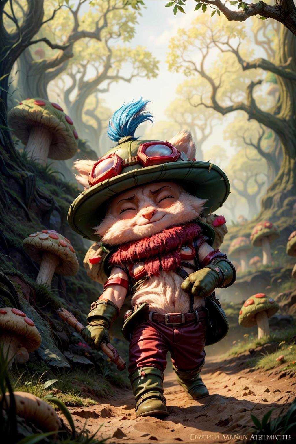 mushroom, 1boy, teemo, ^ ^, fur, furry, closed eyes, walking in the mushroom forest, best quality, masterpiece <lora:teemo:1>  <lora:add_detail:1>