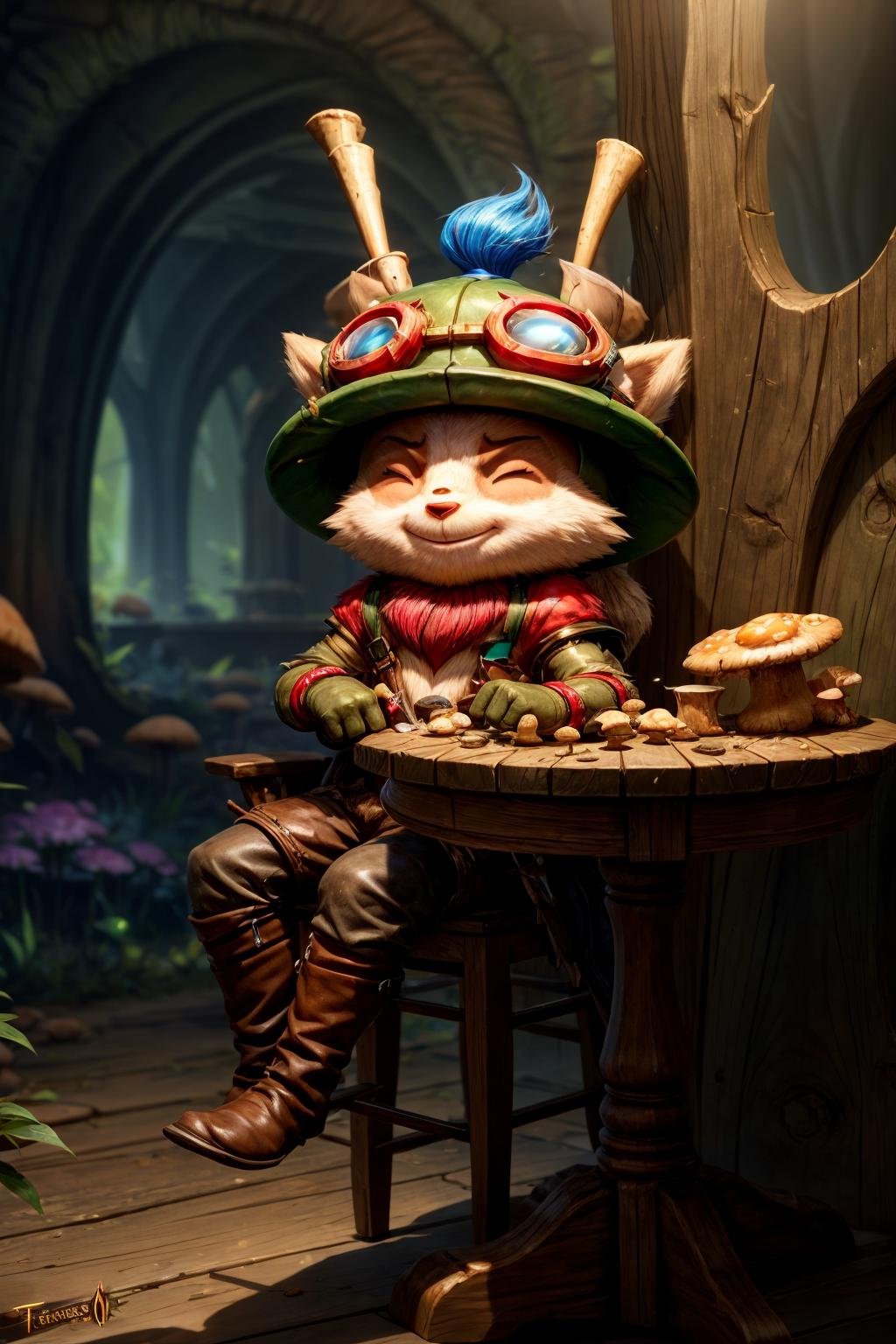 mushroom, sitting at a table, eating mushrooms, teemo, ^ ^, fur, furry, closed eyes, best quality, masterpiece <lora:teemo:0.8>  <lora:add_detail:1> 