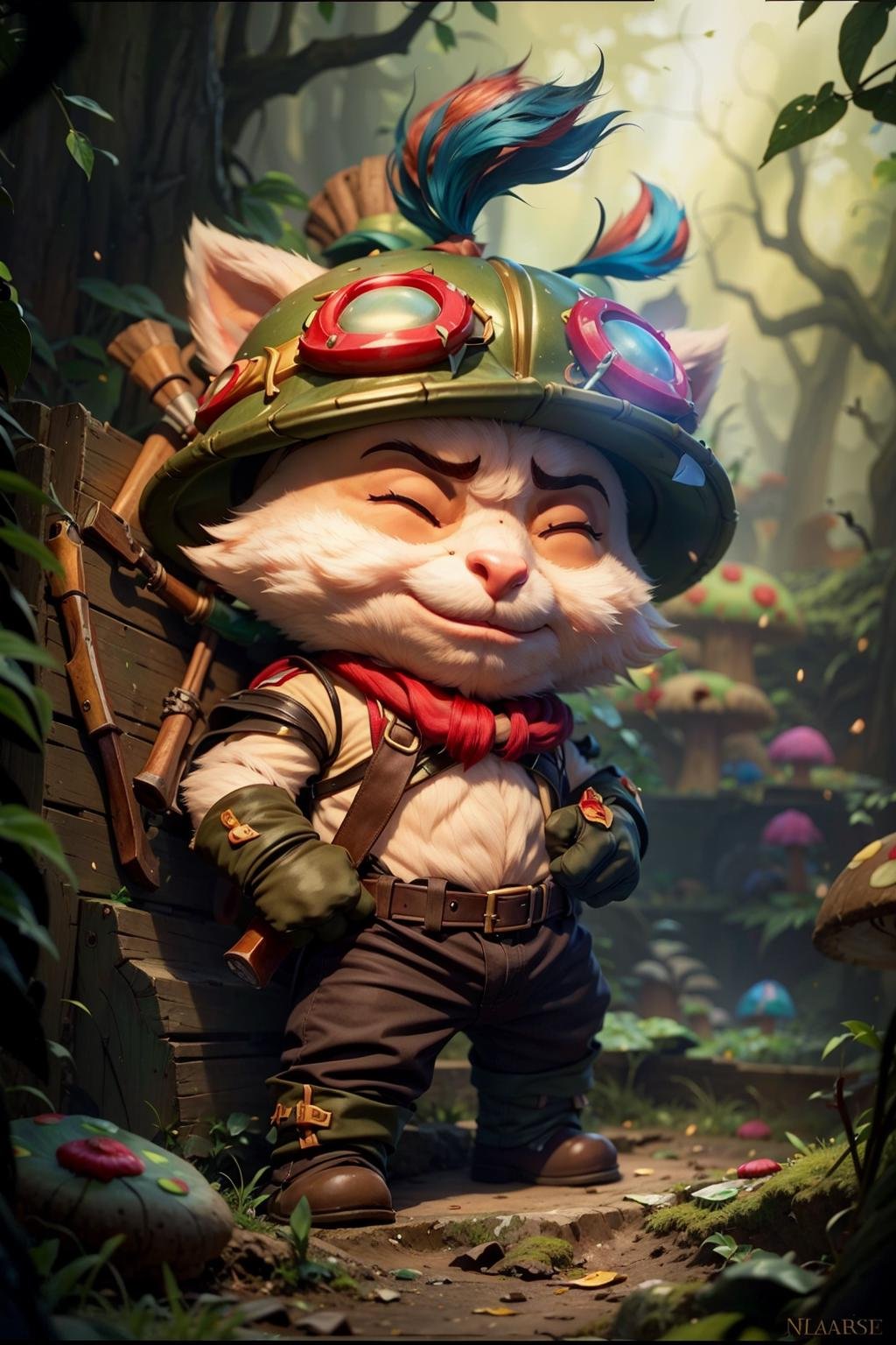 mushroom, teemo, fur, fluffy, furry, solo, smile, 1boy, hat, holding, closed eyes, weapon, male focus, nature, best quality, masterpiece <lora:teemo:1>  <lora:arcaneStyleLora_offset(1):0.5>