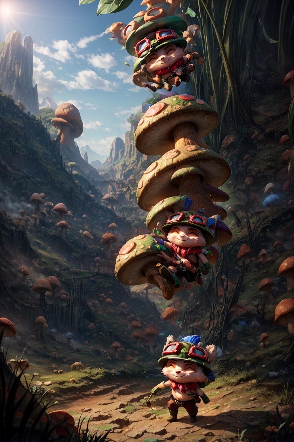 (giant mushroom:1.2), teemo, ^ ^, fur, furry, closed eyes, walking in the mushroom field, best quality, masterpiece <lora:teemo:1>  <lora:add_detail:1> 