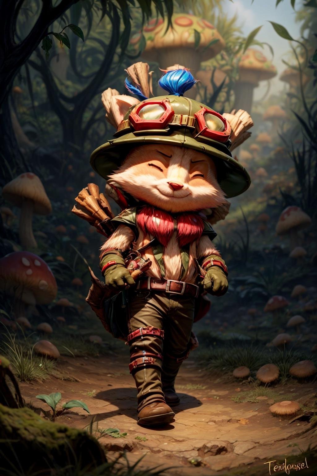 mushroom, teemo, ^ ^, fur, furry, closed eyes, walking in the mushroom field, best quality, masterpiece <lora:teemo:1>  <lora:add_detail:1> 