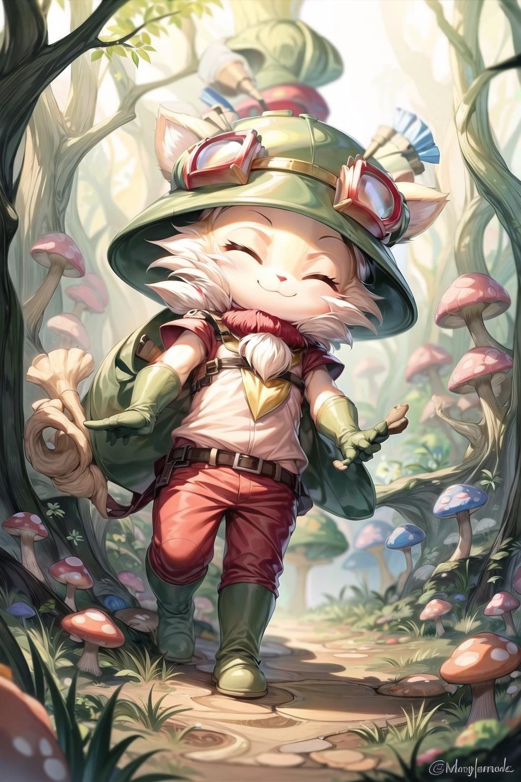 teemo, ^ ^, fur, furry, closed eyes, walking in the mushroom forest, best quality, masterpiece <lora:teemo:1>  <lora:add_detail:1> night