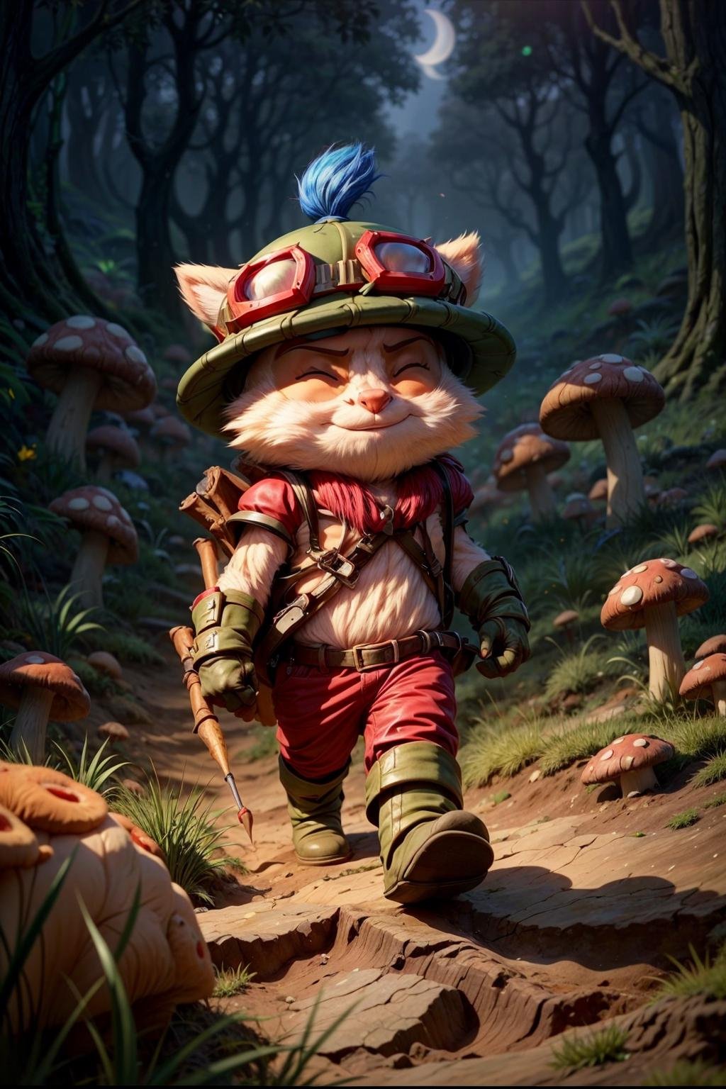 mushroom, mushroom field, 1boy, teemo, ^ ^, fur, furry, closed eyes, walking in the mushroom forest, best quality, masterpiece <lora:teemo:1>  <lora:add_detail:1> night