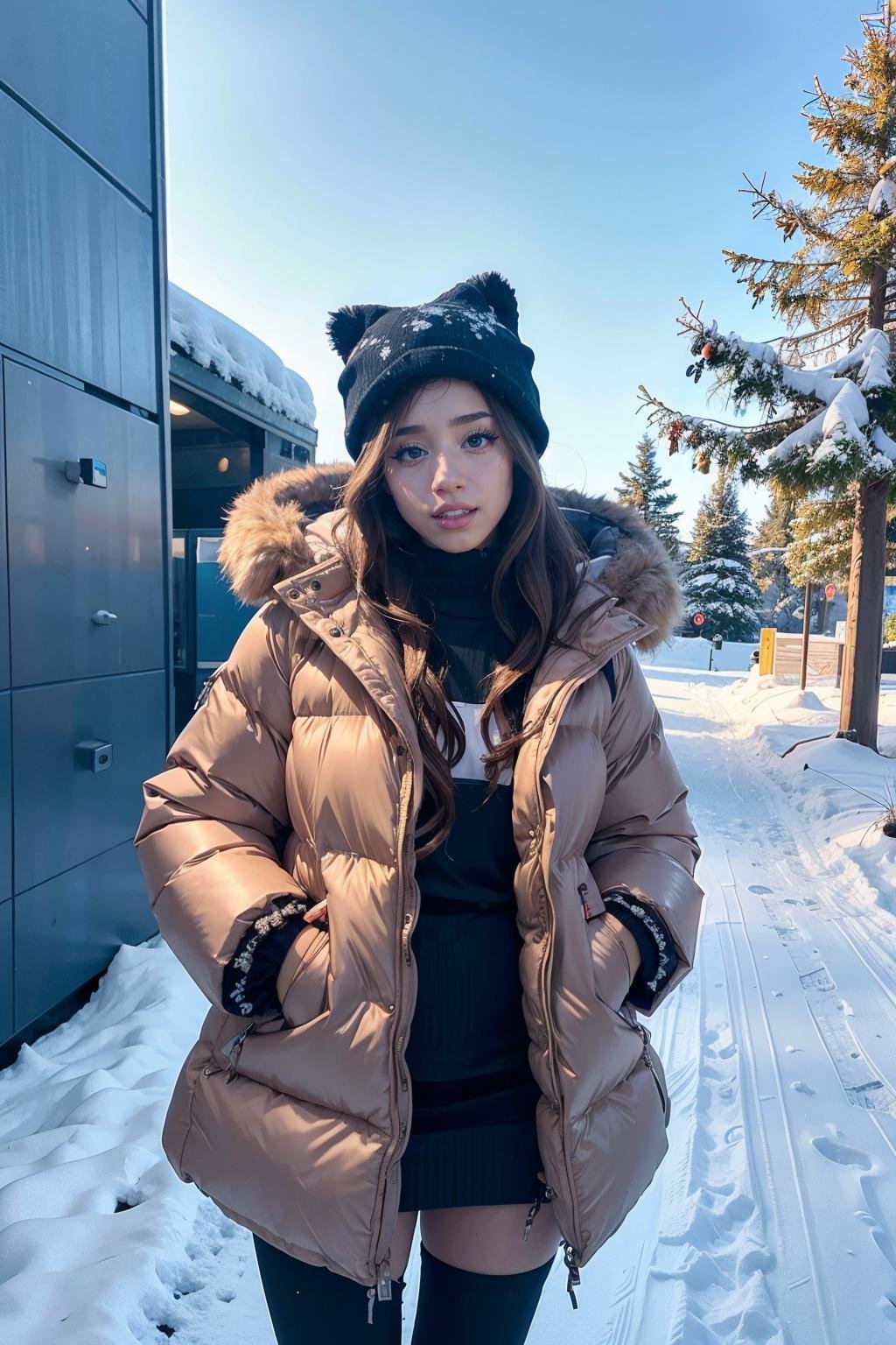 pokimane, a woman wearing winter coat in the snow <lora:pokimane:0.8>