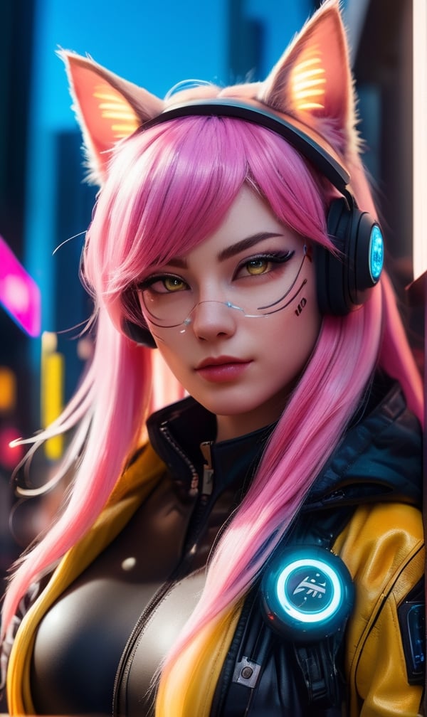 Close up portrait photograph of a Cyberpunk neko catgirl with cyberpunk prosthetics, cat ears, yellow tech jacket, big breasts, long pink hair, cyberpunk city streets, futuristic style, Sci-fi, hyper detailed, photorealism, hyper realism, painting, 8K, HD, super resolution , Cinematic lighting, Long Exposure, 8K, HD, Super-Resolution, depth of field
