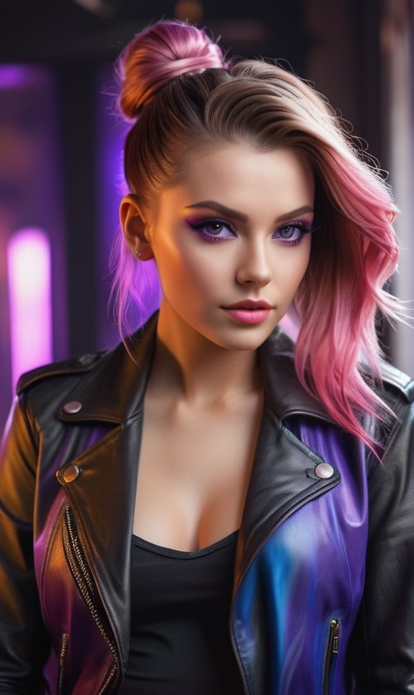 Masterpiece, Realistic portraits,Beautiful girl,Handsome hairstyle, Exposed flesh, hair-bun, Leather jacket and leather pants,professional hair stylist, ornate hair, abstract backgrounds, Purple eyes, Pink Long Hair,8K quality
