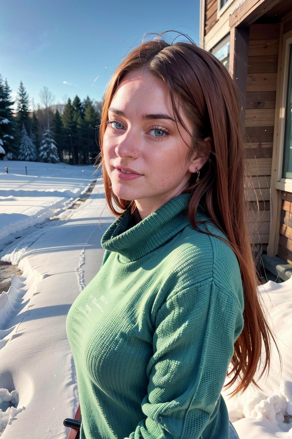 f3licity,  a woman wearing turtleneck sweater and jeans,  cold by GGrue on Tensor.Art