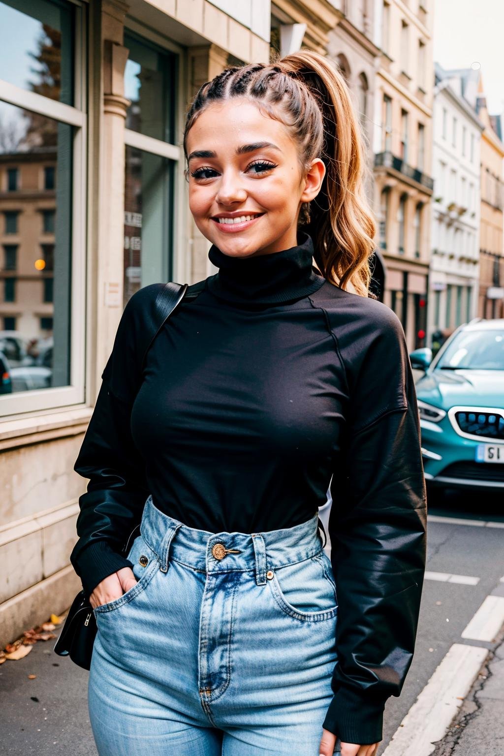 lenasituations,  a woman smiling,  wearing a turtleneck sweater by GGrue on Tensor.Art