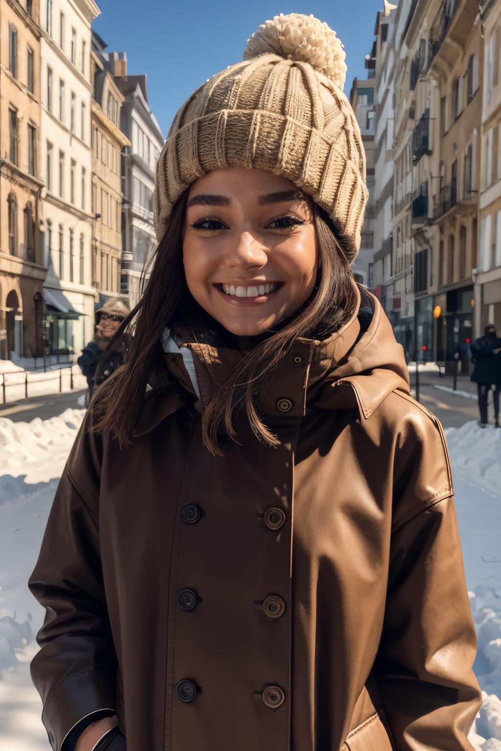lenasituations,  a woman smiling,  wearing winter clothes in snow by GGrue on Tensor.Art