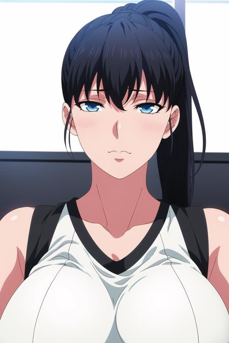 Simple White Background,bare shoulders,Green_sportswear,sleeveless,collarbone,Black_Shorts,<lora:Akira_Todo_World_End-KK77-V1:0.7>,Black_Hair,blue eyes,ponytail,bangs,long hair,<lora:Oda_Non_Style-KK77-V2:0.3>,<lora:more_details:0.1>,1 girl, 20yo,Young female,Beautiful Finger,Beautiful long legs,Beautiful body,Beautiful Nose,Beautiful character design, perfect eyes, perfect face,expressive eyes,perfect balance,looking at viewer,(Focus on her face),closed mouth, (innocent_big_eyes:1.0),(Light_Smile:0.3),official art,extremely detailed CG unity 8k wallpaper, perfect lighting,Colorful, Bright_Front_face_Lighting,White skin,(masterpiece:1.0),(best_quality:1.0), ultra high res,4K,ultra-detailed,photography, 8K, HDR, highres, absurdres:1.2, Kodak portra 400, film grain, blurry background, bokeh:1.2, lens flare, (vibrant_color:1.2),professional photograph,(Beautiful,large_Breasts:1.4), (beautiful_face:1.5),(narrow_waist), 