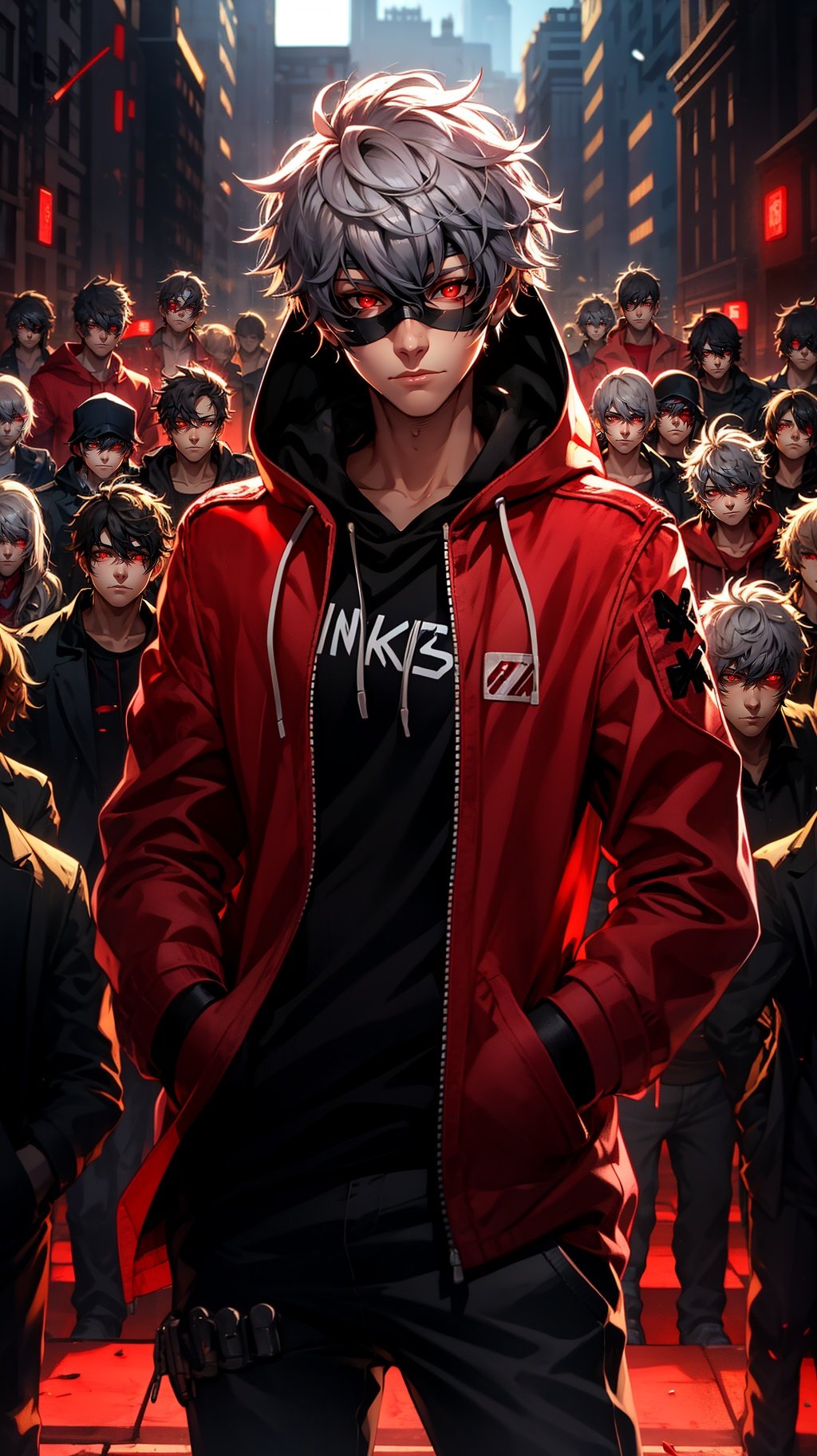 <lora:mn_20231007092457:0.9>,mn,red eyes,hands in pockets,male focus,hood,looking at viewer,6+boys,glowing,red theme,glowing eyes,white hair,1boy,closed mouth,short hair,mask,