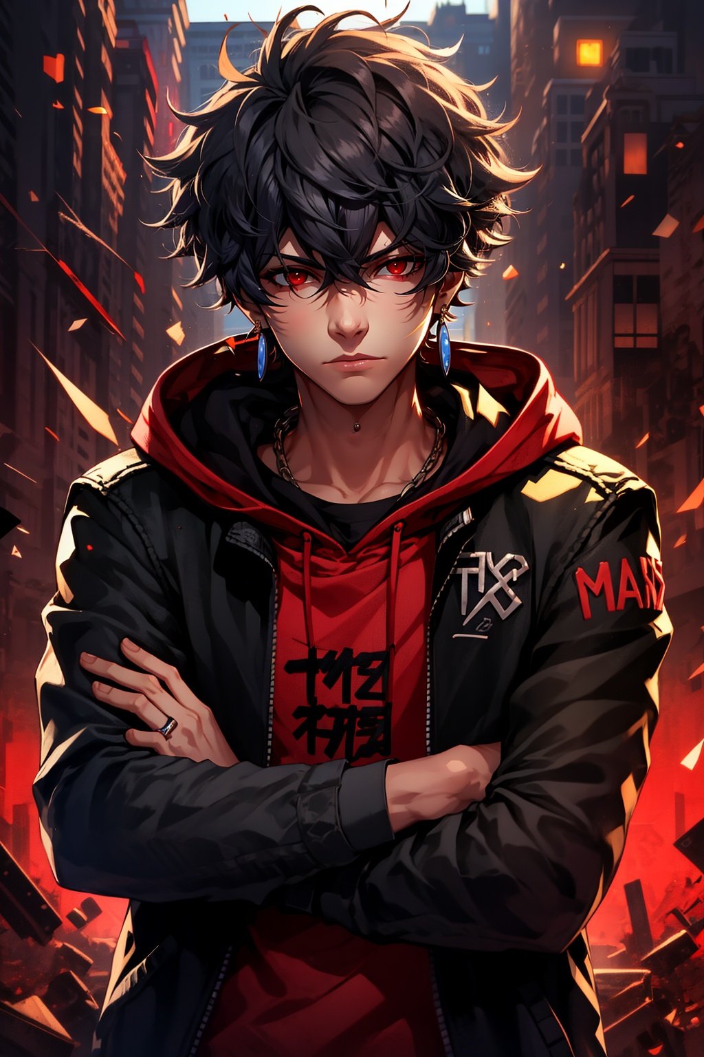 <lora:mn_20231007092457:0.9>,mn,1boy,male focus,red eyes,solo,hood,jewelry,earrings,jacket,hoodie,crossed arms,looking at viewer,black hair,hood down,upper body,hair between eyes,open clothes,red hoodie,open jacket,closed mouth,black jacket,