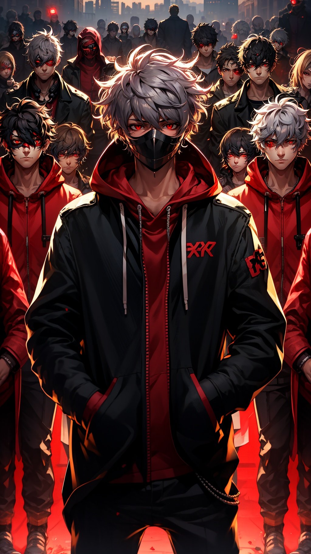 <lora:mn_20231007092457:0.9>,mn,red eyes,hands in pockets,male focus,hood,looking at viewer,6+boys,glowing,red theme,glowing eyes,white hair,1boy,closed mouth,short hair,mask,