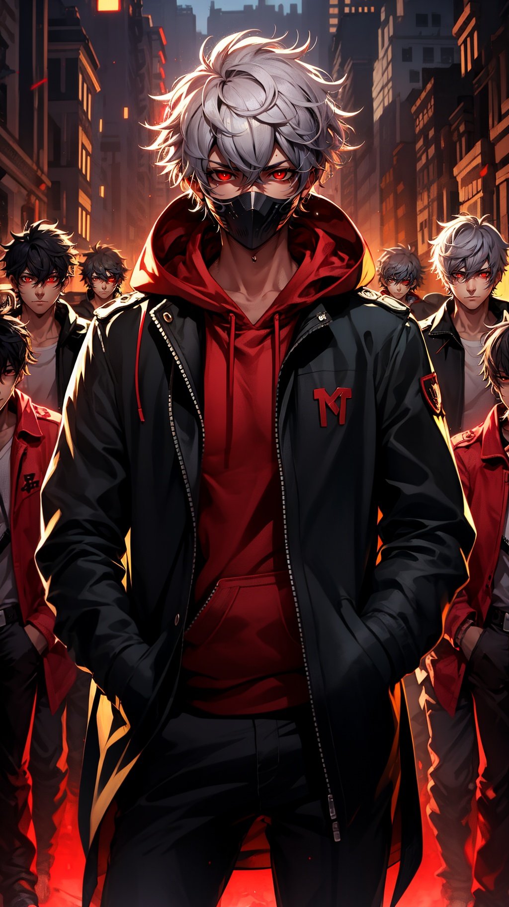 <lora:mn_20231007092457:0.9>,mn,red eyes,hands in pockets,male focus,hood,looking at viewer,6+boys,glowing,red theme,glowing eyes,white hair,1boy,closed mouth,short hair,mask,