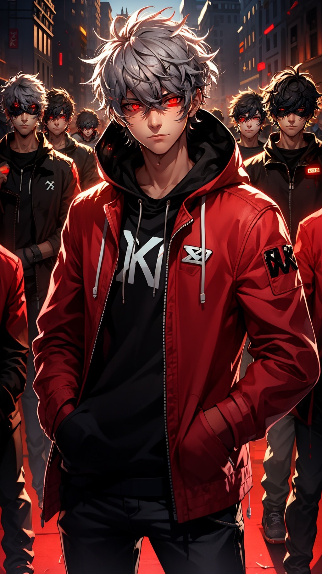 <lora:mn_20231007092457:0.9>,mn,red eyes,hands in pockets,male focus,hood,looking at viewer,6+boys,glowing,red theme,glowing eyes,white hair,1boy,closed mouth,short hair,mask,