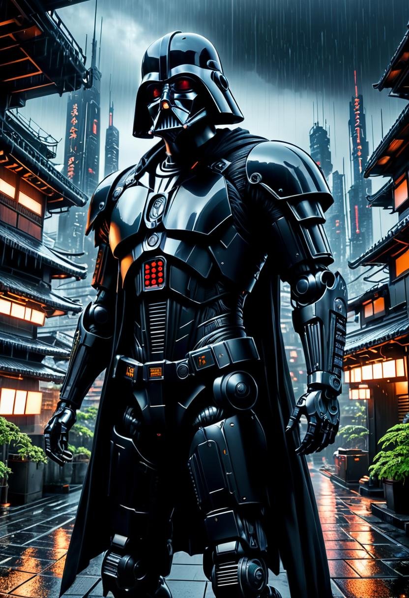 Dark Vador, (((full-body))),Cypherpunk style, wide shot, street, Breathtaking, 8k resolution, extremely detailed, beautiful, establishing shot, artistic, hyperrealistic, ultra realistic render, extremely fine details, like-like render, cinematic lighting, dramatic volumetric lighting, masterpiece, light brazen, extremely detailed and beautiful face, 150mm, HDR10 <lora:Wowifier:0.69> <lora:Details:0.85>,Cyberpunk, in heavy raining futuristic tokyo rooftop cyberpunk night, sci-fi, fantasy, intricate, very very beautiful, elegant, neon light, highly detailed, digital painting, artstation, concept art, soft light, hdri, smooth, sharp focus, illustration,