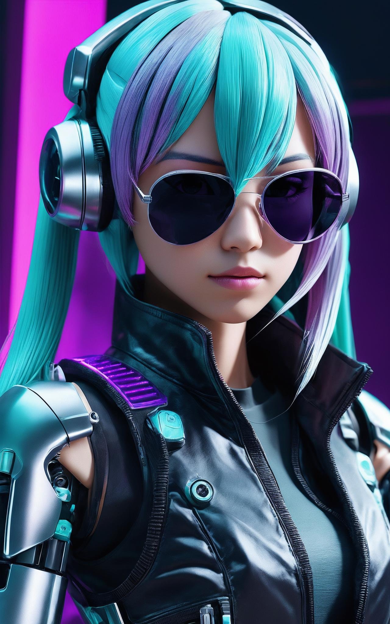 hyperrealistic, (photorealistic:1.3), Depth of Field, film, Cinematic,neonpunk style 4k photograph masterpiece,cg,of hatsune miku wearing a black bulletproof vest,aviator sunglasses,and a metallic robotic silver arm,smoking a cigarette, cyberpunk, vaporwave, neon, vibes, vibrant, stunningly beautiful, crisp, detailed, sleek, ultramodern, magenta highlights, dark purple shadows, high contrast, cinematic, ultra detailed, intricate, professional