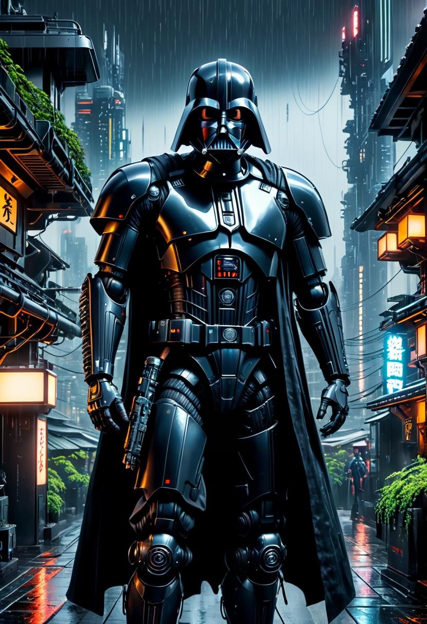 Dark Vador, (((full-body))),Cypherpunk style, wide shot, street, Breathtaking, 8k resolution, extremely detailed, beautiful, establishing shot, artistic, hyperrealistic, ultra realistic render, extremely fine details, like-like render, cinematic lighting, dramatic volumetric lighting, masterpiece, light brazen, extremely detailed and beautiful face, 150mm, HDR10 <lora:Wowifier:0.69> <lora:Details:0.85>,Cyberpunk, in heavy raining futuristic tokyo rooftop cyberpunk night, sci-fi, fantasy, intricate, very very beautiful, elegant, neon light, highly detailed, digital painting, artstation, concept art, soft light, hdri, smooth, sharp focus, illustration,