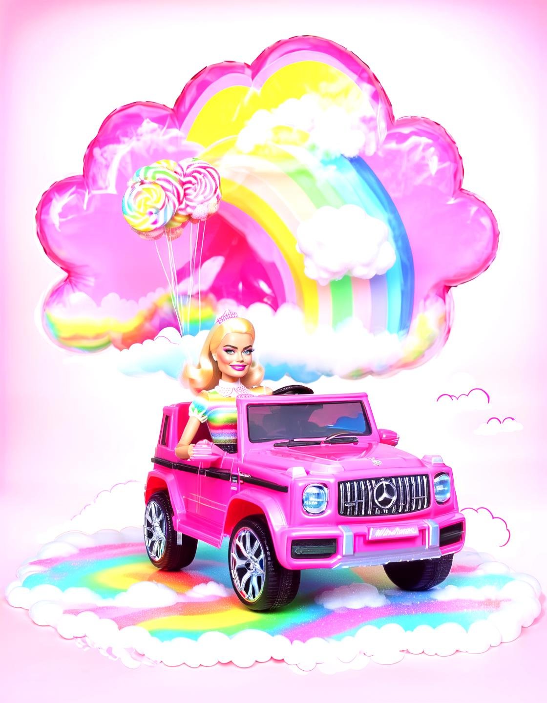 Toei retro anime style Margot Robbie as barbie drivng a (mg63:1.1),barbie world,candy cotton clouds, rainbow,,,. Hand-painted cels, exaggerated motion, retro vibes, 60s - 80s era animation