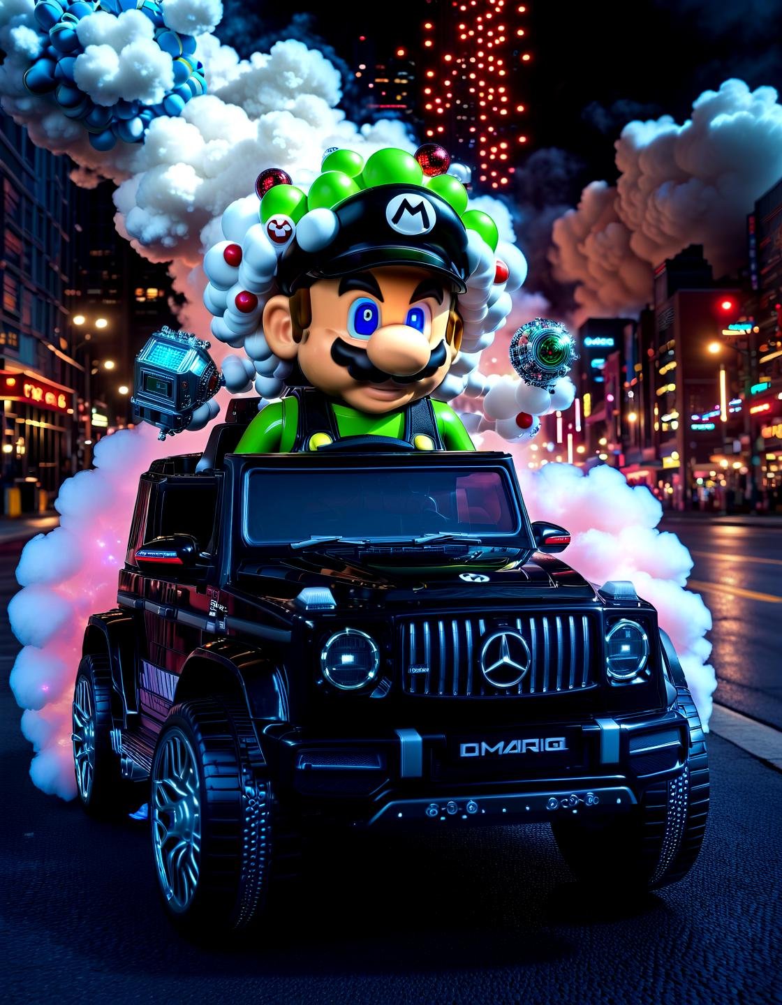 biomechanical cyberpunk mario as an cyberpunk android drivng a (mg63:1.1), at night city,smoke,explosion,fire, high speed, candy cotton clouds, glitterbomb, glitter, neon lights, mario land,, . cybernetics, human-machine fusion, dystopian, organic meets artificial, dark, intricate, highly detailed