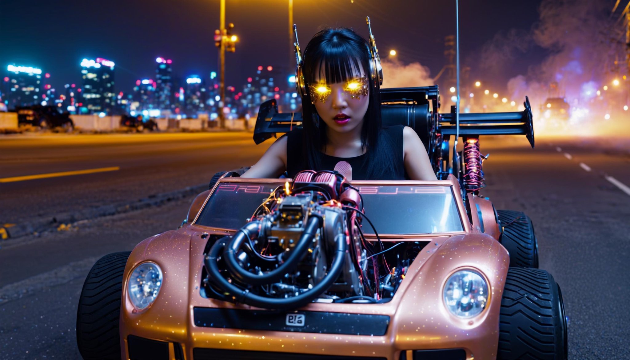 cybernetic robot RAW photo, a female asian adult android driving a golden pturbo, night city ,nighttime, fog, smoke, high speed, neon lights, glitterbomb explosion, freckles of glitter, robot face, electrical eye, front view, focus on the car . android, AI, machine, metal, wires, tech, futuristic, highly detailed