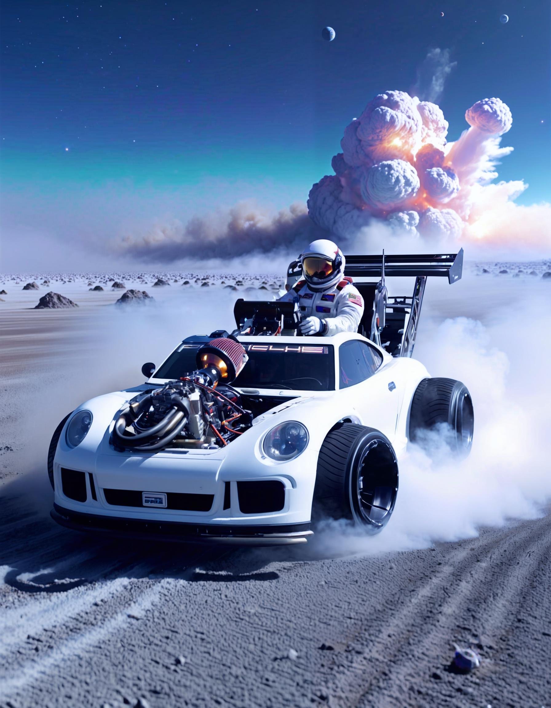 sci-fi style an astronaut driving a white pturbo, at a alien planet, fog, smoke, high speed,front view, focus on the car, animation, galaxy, milky way, planets, galactical, nasa . futuristic, technological, alien worlds, space themes, advanced civilizations