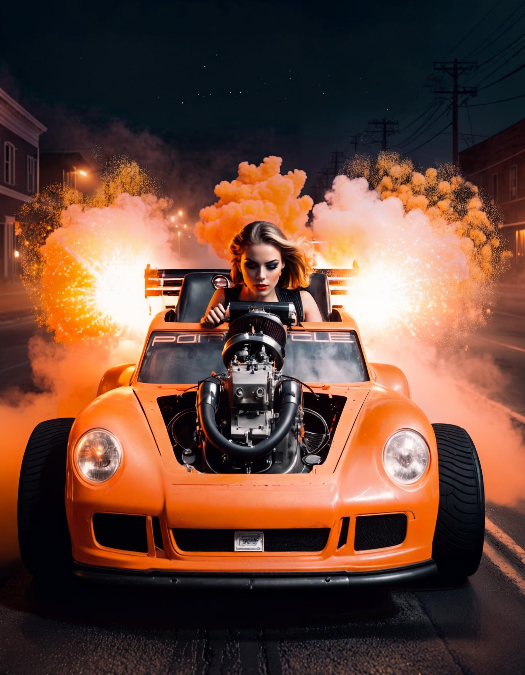 film noir style RAW photo, a female adult android driving a orange pturbo, night city ,nighttime, fog, smoke, high speed, neon lights, glitterbomb explosion, freckles of glitter . monochrome, high contrast, dramatic shadows, 1940s style, mysterious, cinematic