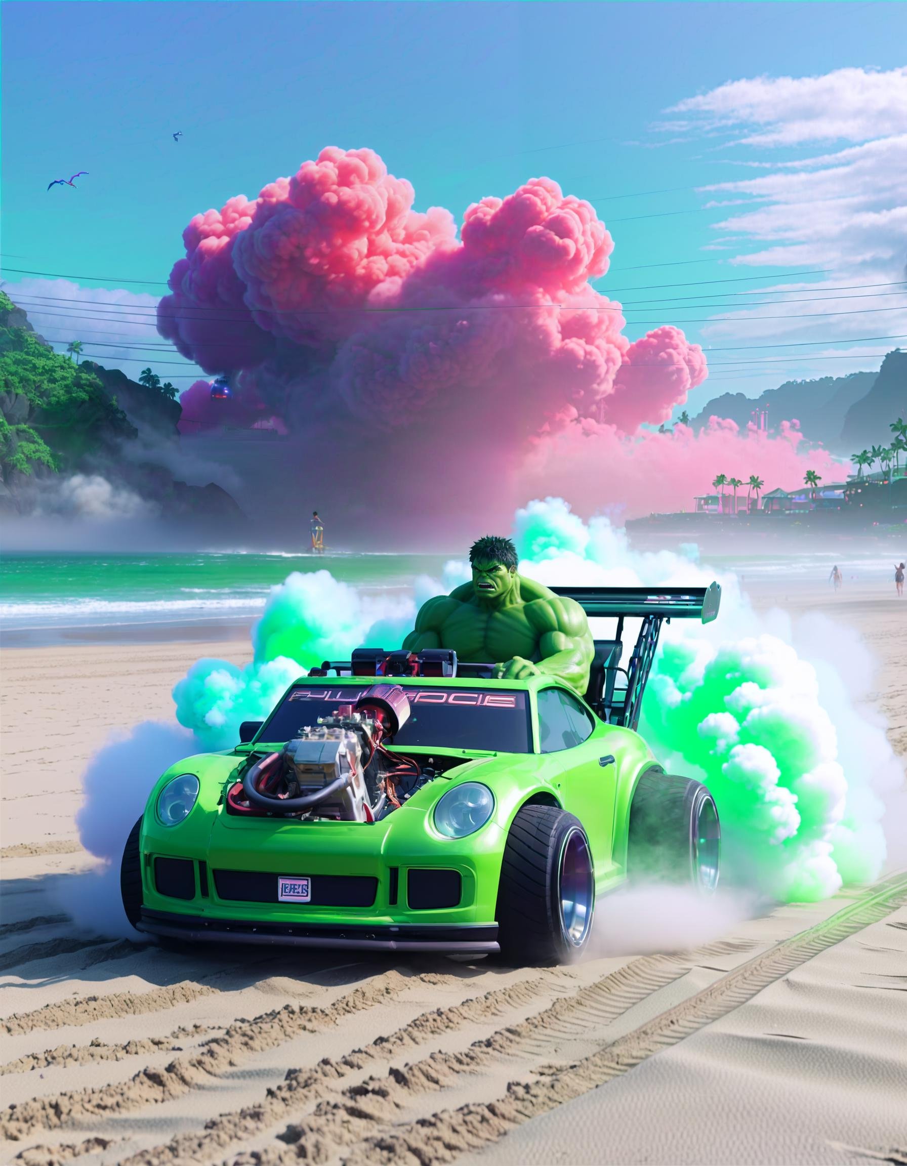 anime artwork the (hulk:1.1) from marvel driving a green pturbo, at a beach city, fog, smoke, high speed, neon lights,explosion,front view, focus on the car, animation, rainbow, candy cotton clouds,  . anime style, key visual, vibrant, studio anime, highly detailed