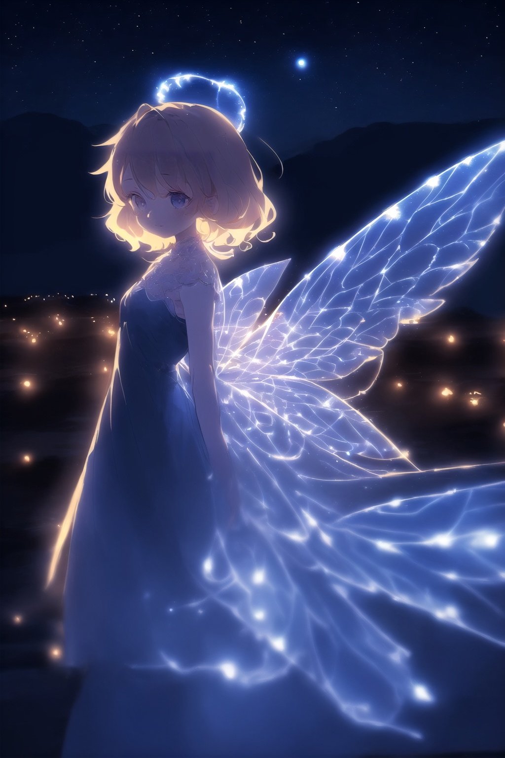 <lora:星空裙:1>,a girl,outdoors,night_sky,dress,fairy wings,watching the audience,