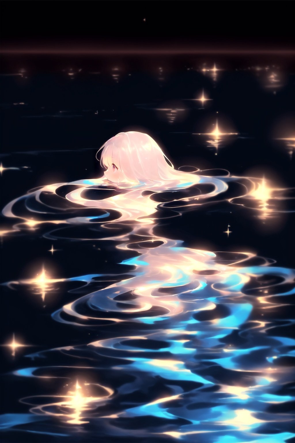 <lora:星空裙:1>,a girl,(lie:1.2),sparkle,dress,water,back,