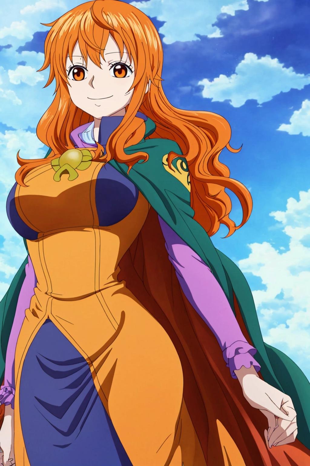 nami, long_hair, breasts, looking_at_viewer, smile, orange_hair, orange_eyes, medium_breasts, long_sleeves, dress, closed_mouth, cape, floating_hair, magic, cloud, air, casting