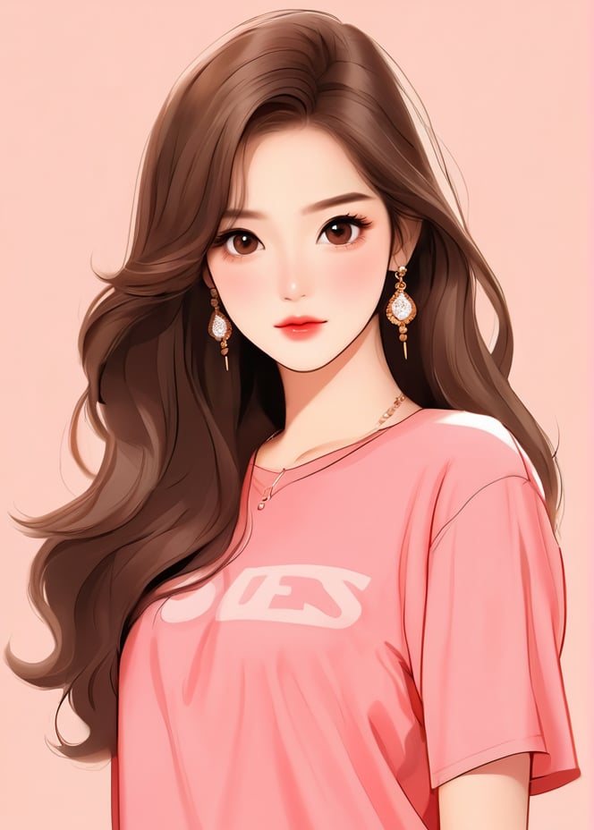 masterpiece, best qualityillustration, 1girl, solo, jewelry, long hair, brown eyes, earrings, looking at viewer, brown hair, upper body, simple background, lips, shirt, blush, eyelashes, closed mouth