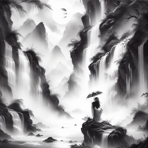 masterpiece,best quality,<lora:chinkstyle3-000006:0.7>,chinkstyle,ink painting,monochrome,greyscale,landscape painting,sun, 1girl,oil-paper umbrella,holding umbrella,waterfall