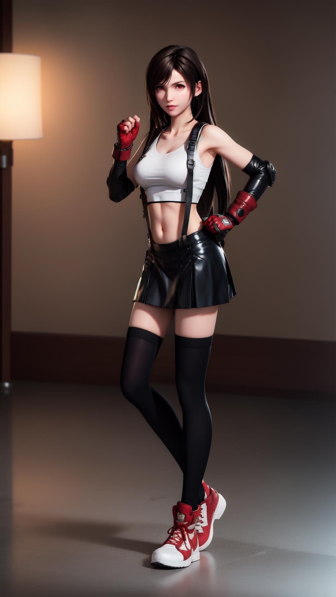 1girl,tifa lockhart,solo,thighhighs,skirt,suspenders,long hair,crop top,gloves,red footwear,suspender skirt,black thighhighs,fingerless gloves,full body,tank top,black skirt,midriff,navel,elbow gloves,boots,black hair,white tank top,clenched hands,brown eyes,fighting stance,brown hair,<lora:MIAOKA_tifa:0.8>,full body,red eyes,arena,