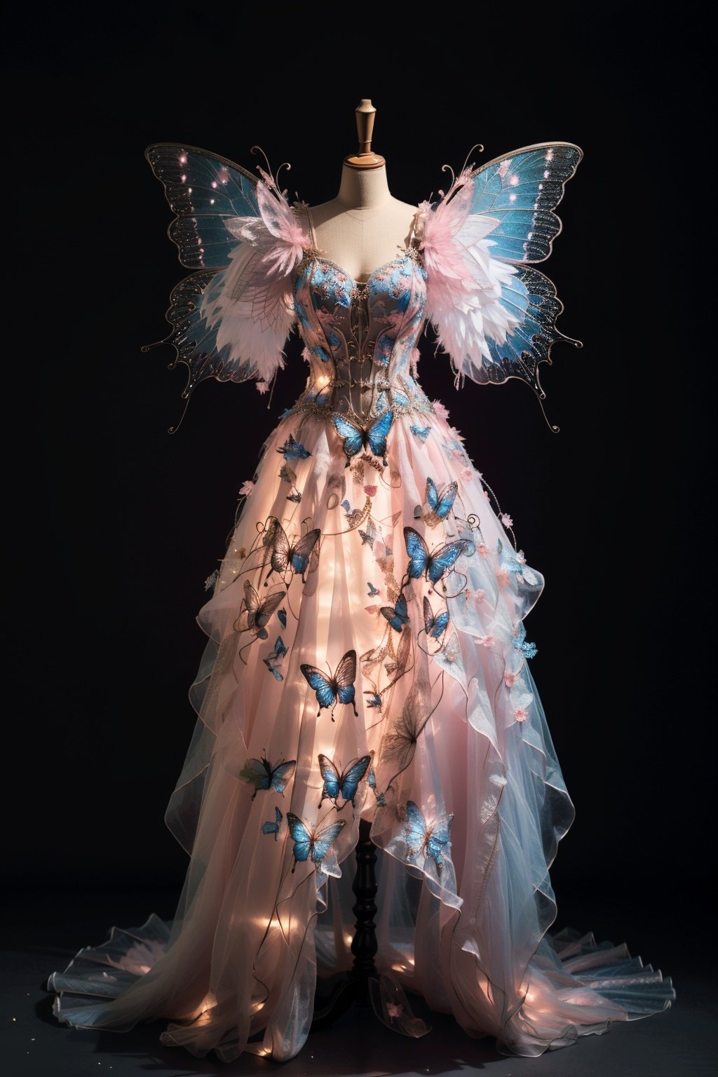 ((masterpiece)), ((best quality)), 8k, high detailed,1girl, 20-year-old,wings, pink dress,standing, glowing, butterfly wings, full body, light particles, contouring light, fairy dress