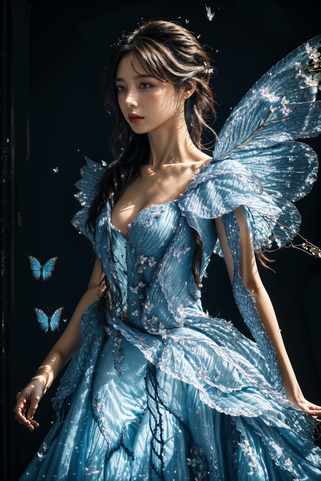 ((masterpiece)), ((best quality)), 8k, high detailed,1girl, 20-year-old,wings, dress, blue background, standing, glowing, butterfly wings, Upper body close-up, light particles, contouring light, fairy dress,ZYM