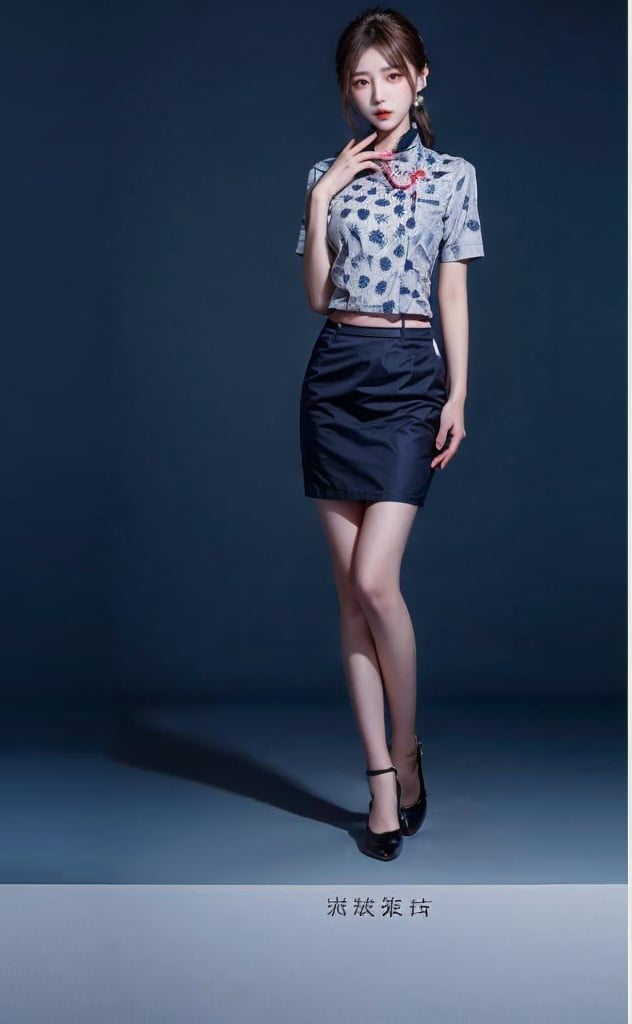 xiaowu,donghang, solo,  1girl, blue shirt,blue skirt