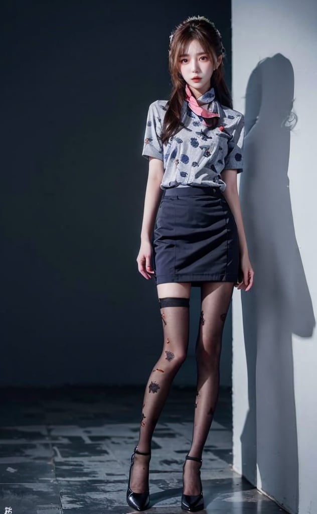 xiaowu,, solo,  1girl, blue shirt, blue skirt,floral print,print shirt,scarf,black pantyhose